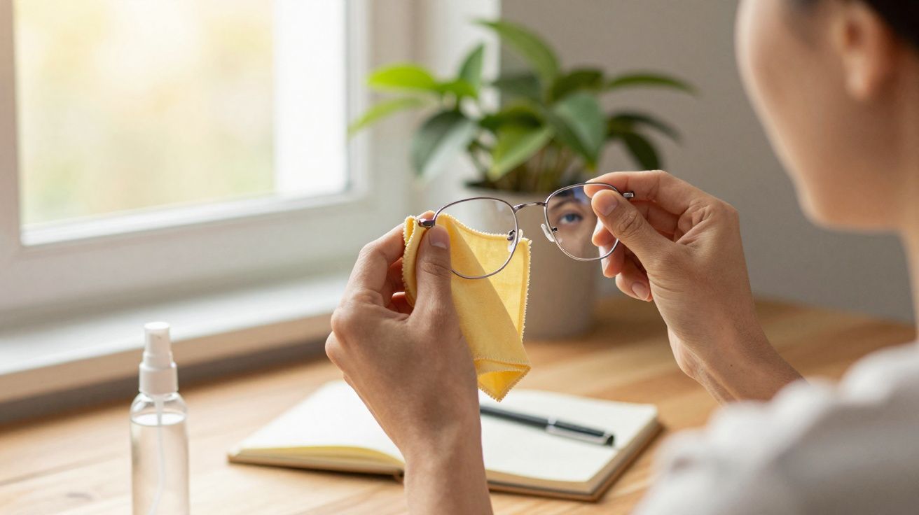Pessoa a limpar óculos com pano amarelo junto a escritório com janela, caderno e planta.
