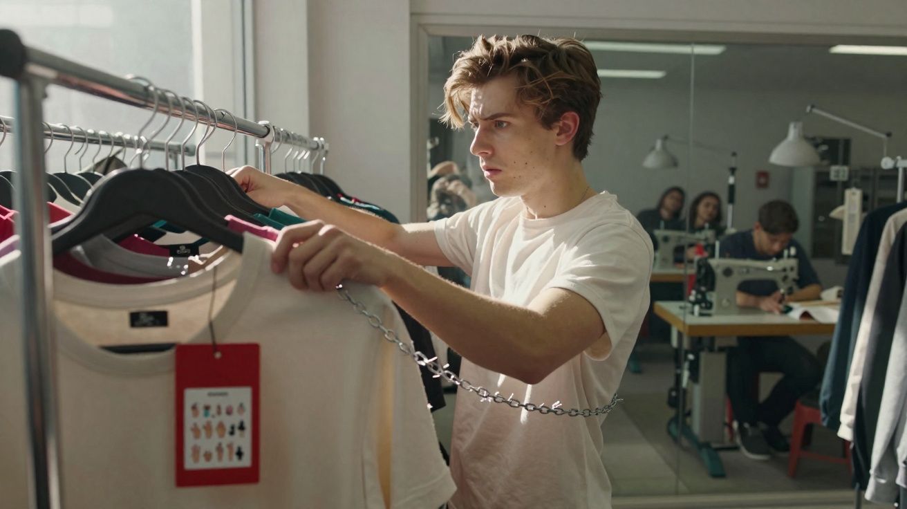 Jovem escolhe t-shirt numa loja de roupa enquanto duas pessoas trabalham numa oficina ao fundo.