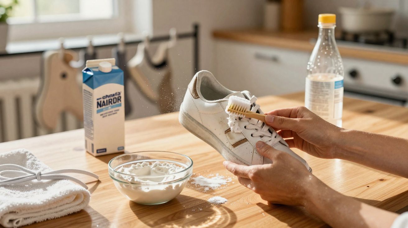 Pessoa a limpar sapato branco com escova num ambiente de cozinha usando pó branco e produtos de limpeza.