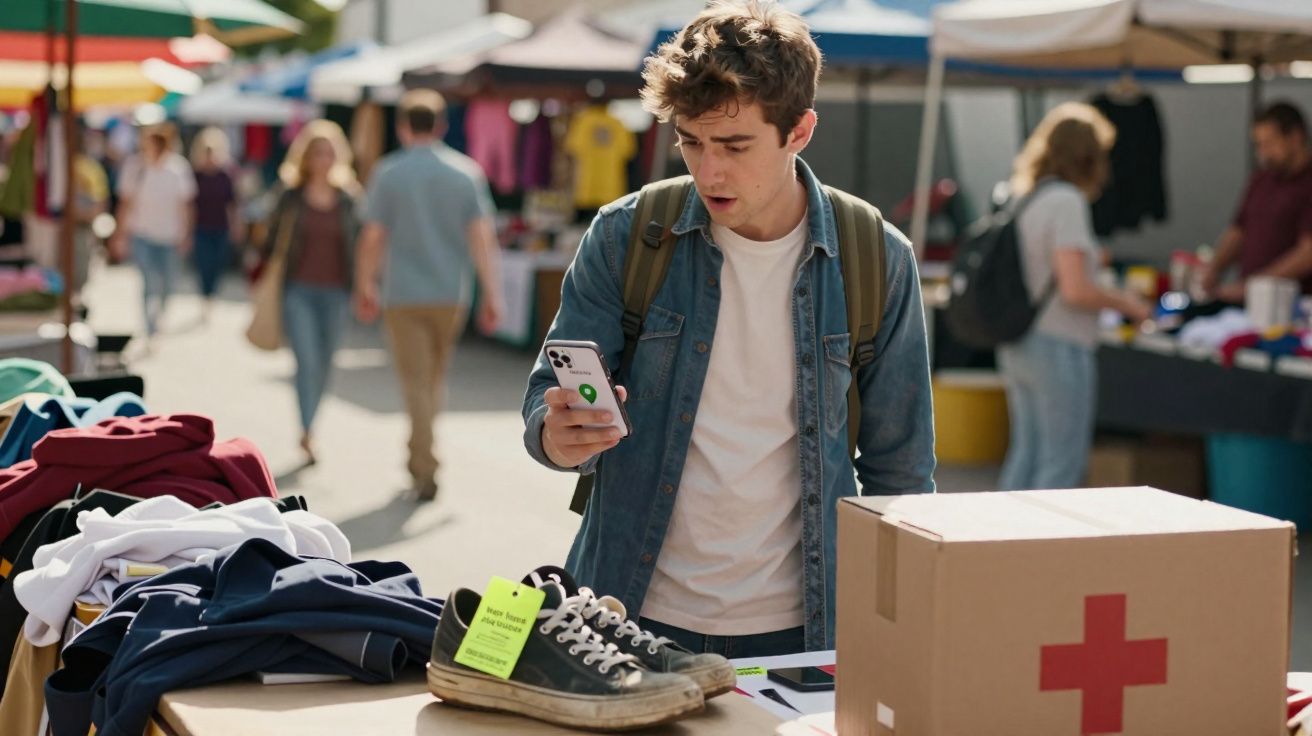 Jovem com mochila consulta telemóvel numa banca de mercado ao ar livre com roupas e caixa de primeiros socorros.