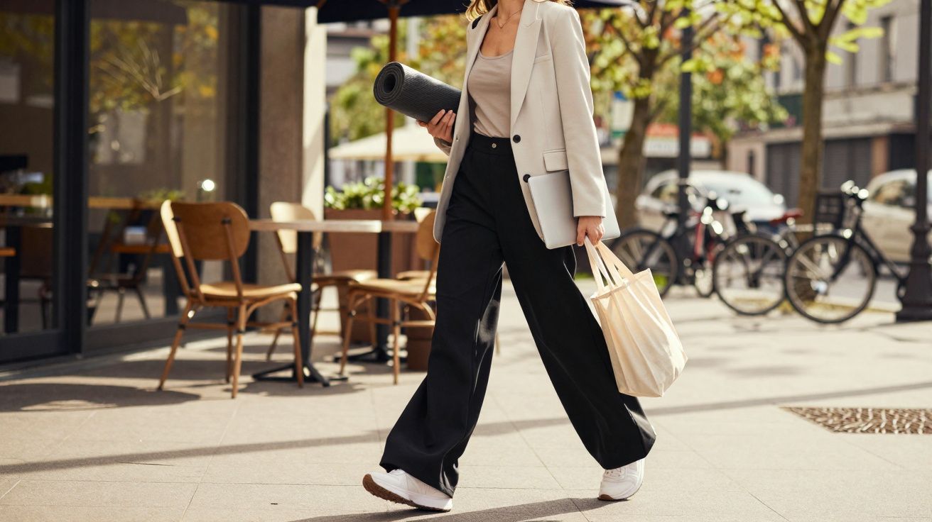Pessoa a andar na rua, vestindo blazer claro e calças largas pretas, a carregar tapete de yoga e mala de tecido.