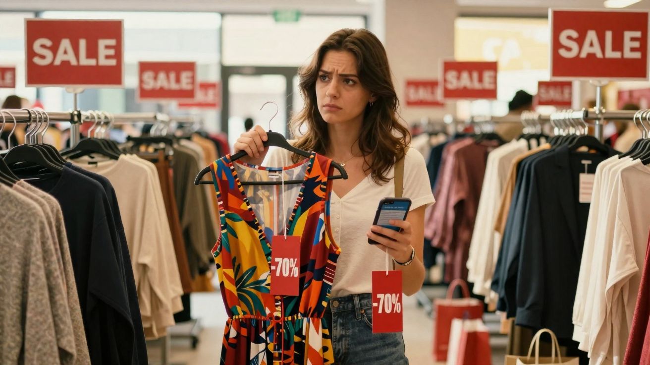 Mulher indecisa a segurar vestido colorido com etiqueta de 70% desconto numa loja de roupa em saldos.