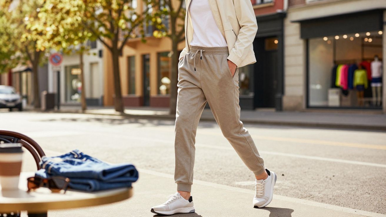 Pessoa a caminhar na calçada urbana com roupa casual, ténis brancos e casaco claro.