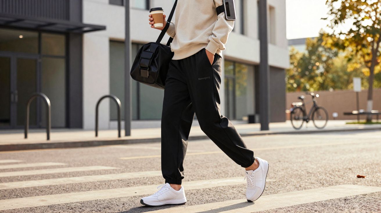 Pessoa a atravessar passadeira com roupa casual, a segurar café e mala preta na rua urbana.