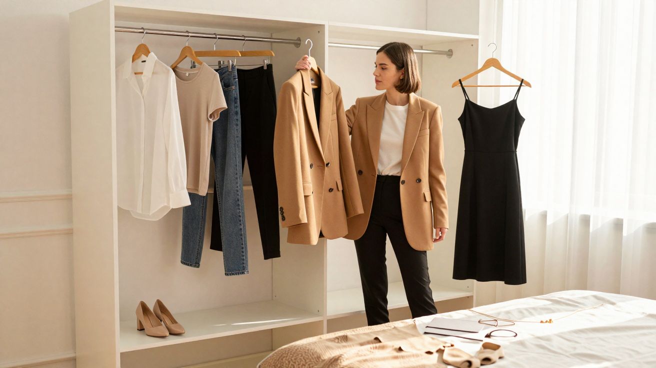 Mulher a escolher casaco camel num roupeiro aberto com roupa e sapatos arrumados.
