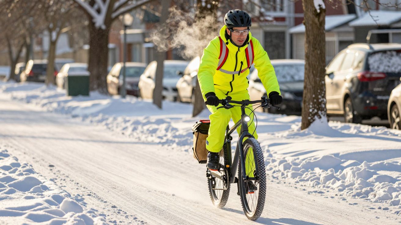 Homem de roupa fluorescente e capacete a andar de bicicleta numa rua coberta de neve.