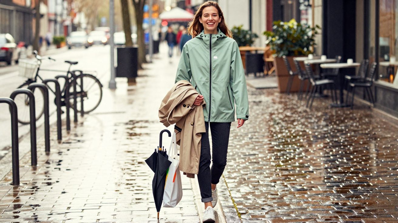 Mulher sorridente a caminhar numa rua molhada, vestindo casaco verde e a segurar guarda-chuva fechado.