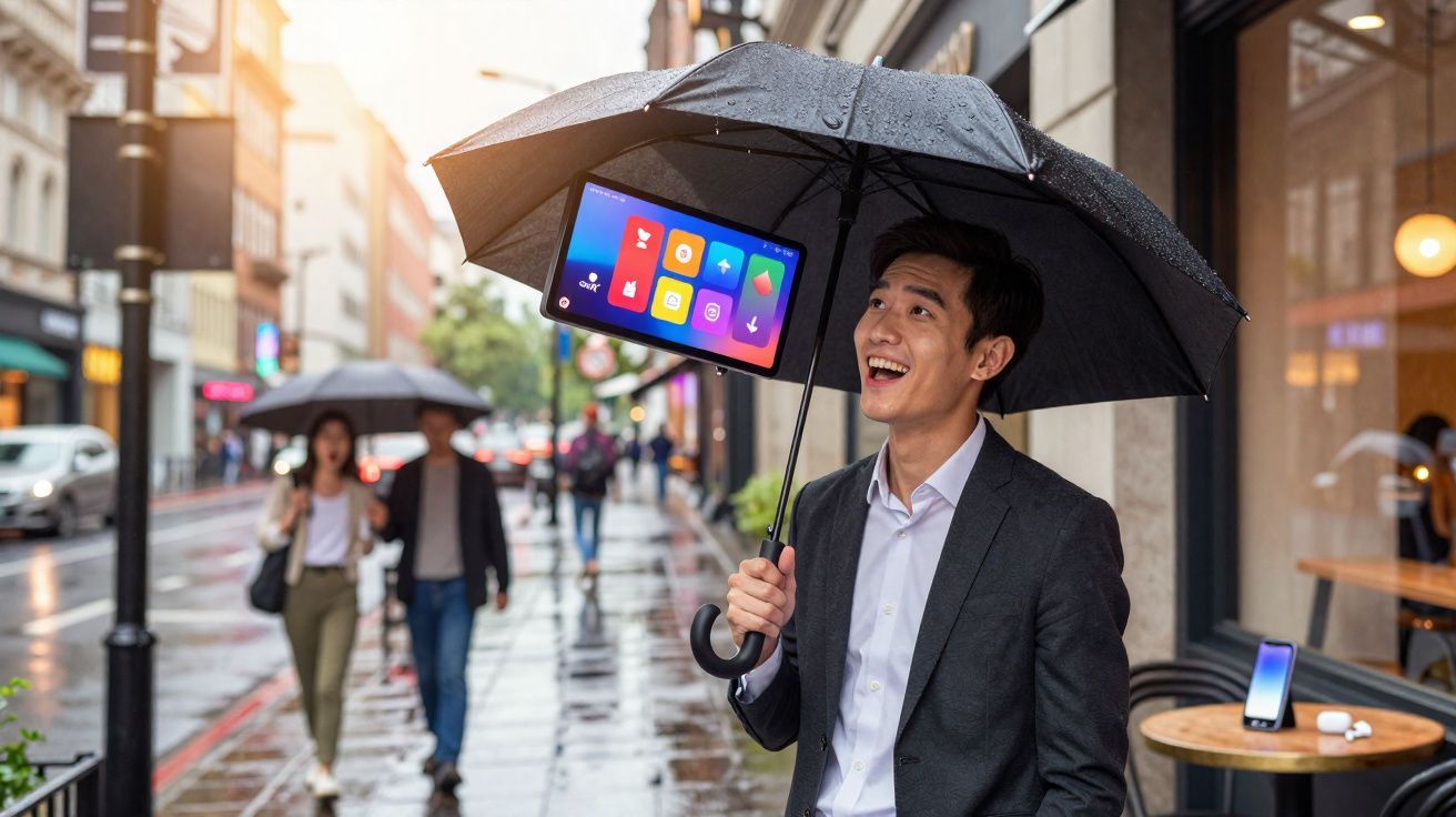 Homem com fato sorridente debaixo de um guarda-chuva preto numa rua molhada com ícones digitais flutuando.