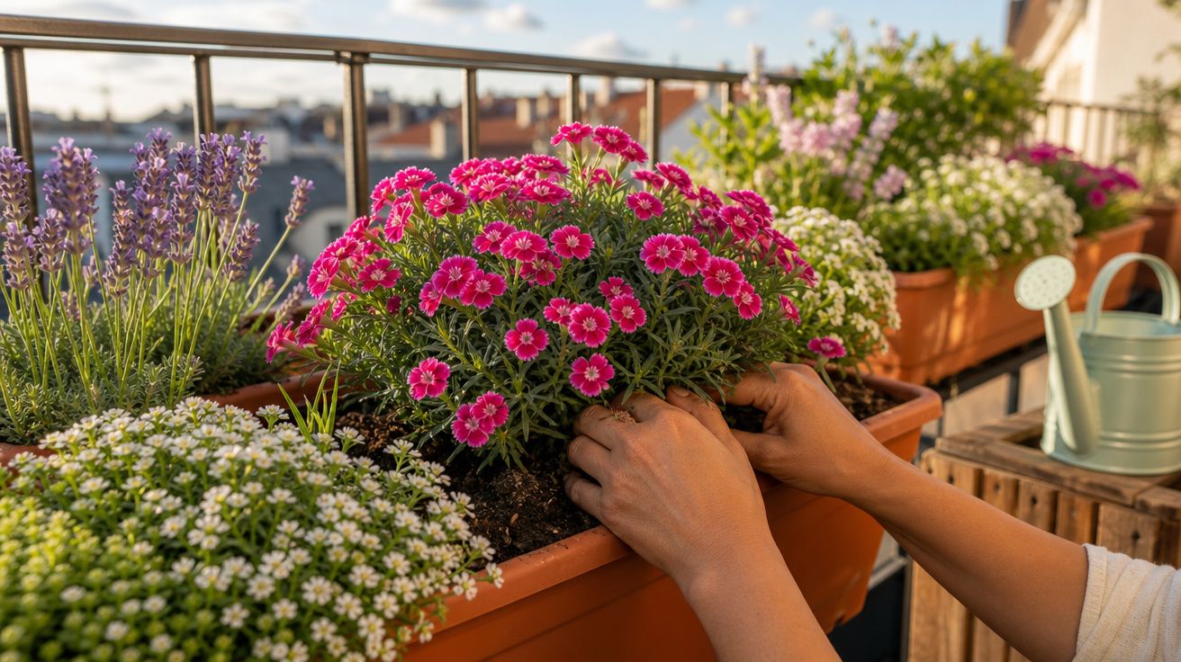 Mãos a cuidar de flores coloridas num vaso de varanda com regador e vista para cidade ao fundo.